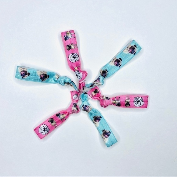 𝅺2/$10 Pink Blue Pug Puppy Hair Tie Elastics - Picture 5 of 5